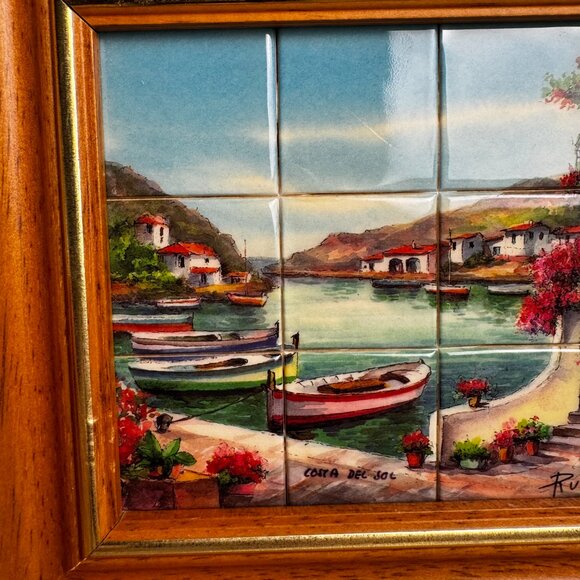 Glazed Tile 1.25" Paint of Mediterranean Coastal Scene Costa Del Sol Ruz Spain - Picture 13 of 14